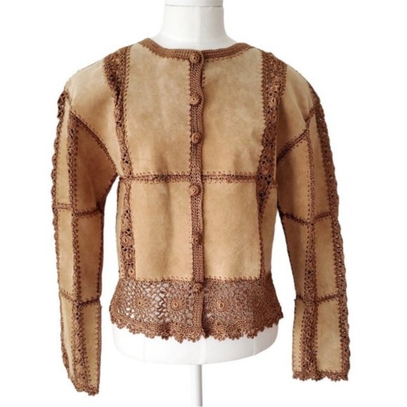 Vintage suede and crochet brown jacket - Picture 1 of 9